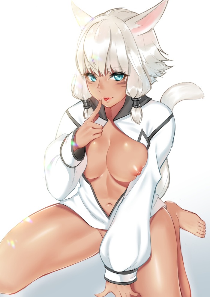 Anime art - NSFW, Anime Art, Аниме, Final Fantasy, Yshtola, Dark skin, Сиськи, Неко