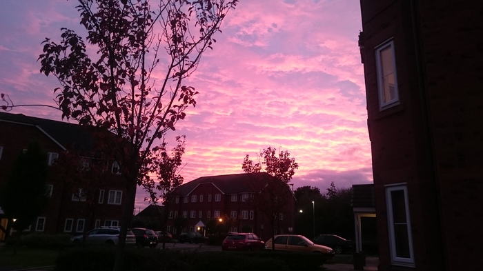 Pink skies in the UK. Between the cities of Liverpool and Manchester. - , My, Miracle