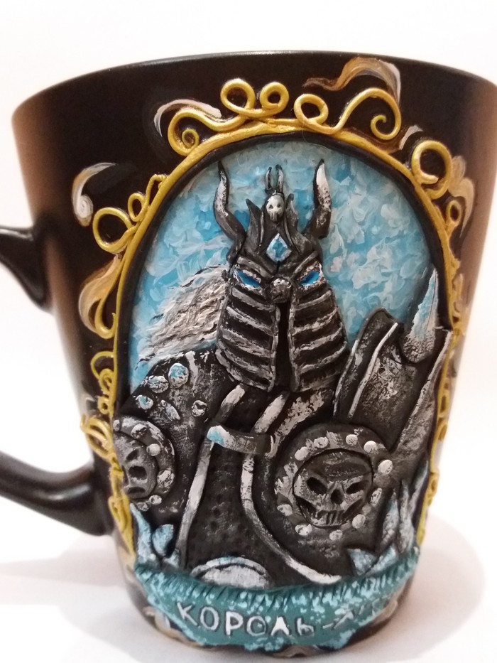 Mug with the Lich King made of polymer clay - My, Lich King, Warcraft, Polymer clay, Handmade, Fan art, Кружки, World of warcraft, Hearthstone, Longpost