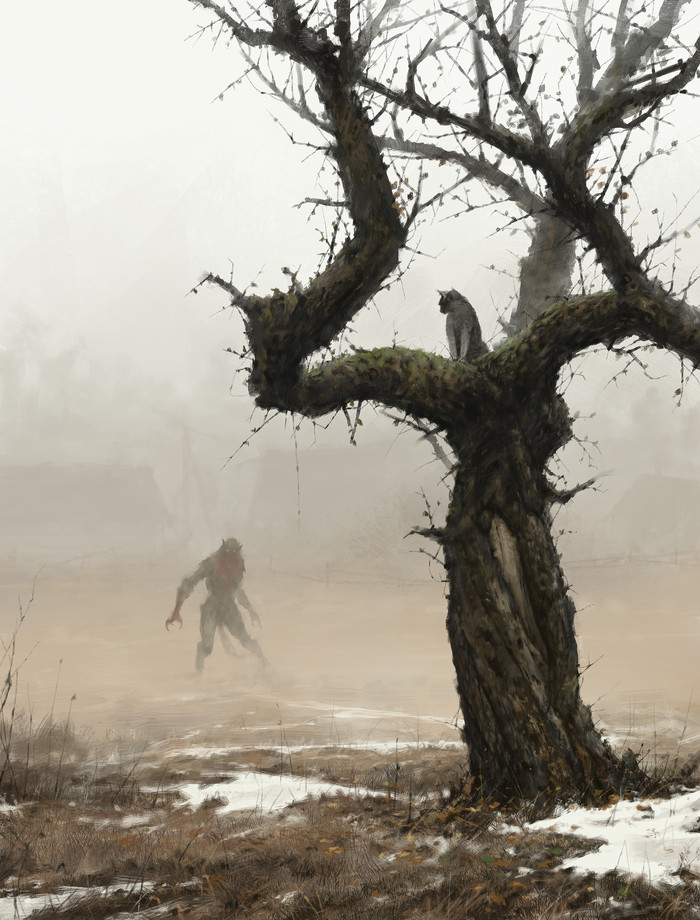 Old apple tree. - Apple tree, cat, Creature, Werewolves, 2D, Jakub Rosalski, Art, Creatures