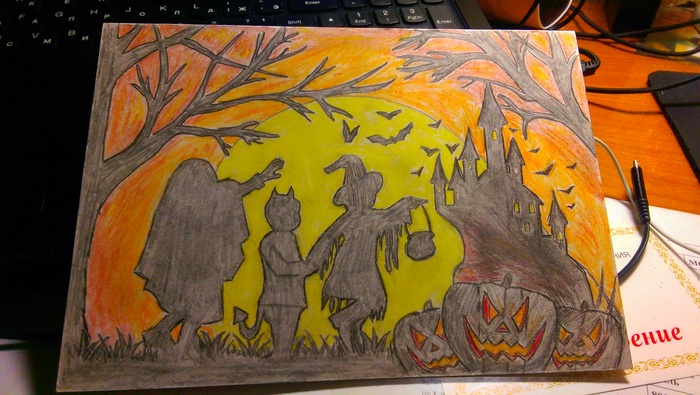 Halloween card - My, Halloween, Postcard, Pencil drawing, Longpost