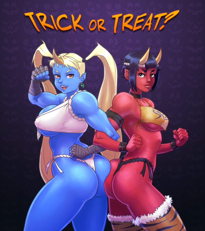 Mika and Nadeshiko's Halloween 2017 - Jiggeh, Арт, Крепкая девушка, Monster Girl, Street Fighter, Демон они, Rainbow Mika