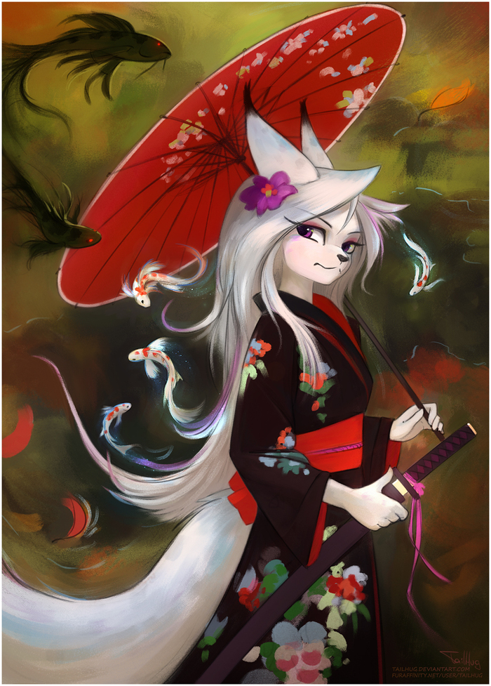 In kimono - Furry, Anthro, Art, Tailhug