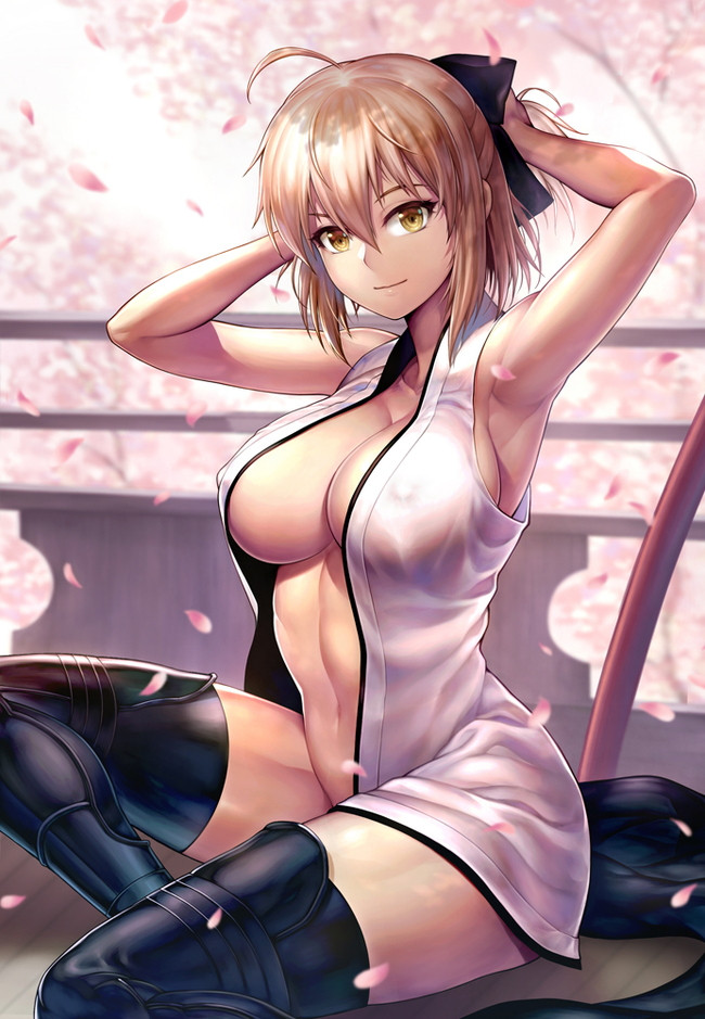 Anime Art - NSFW, Anime art, Anime, Fate grand order, Okita souji, Kimono, Cleavage