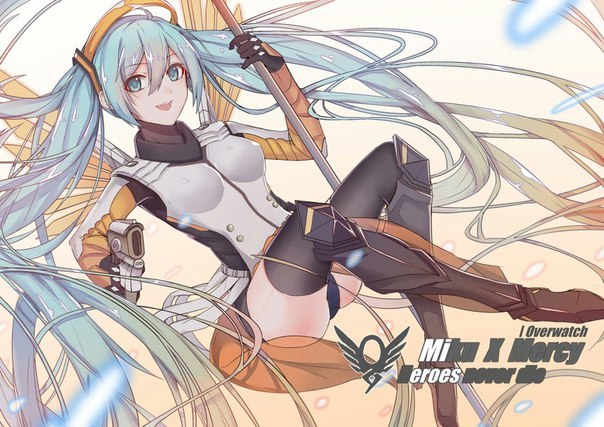 Она поднимет павших в бою одним лишь голосом - Vocaloid, Hatsune Miku, Кроссовер, Overwatch, Mercy, Арт