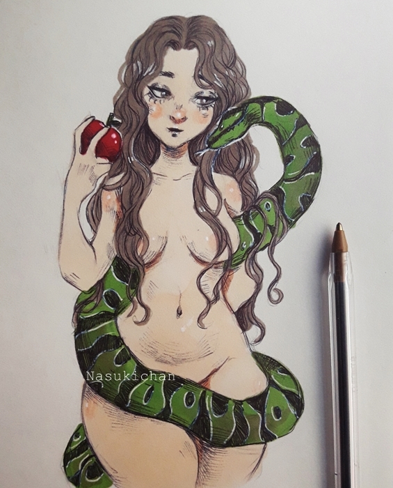 Eve art - NSFW, Deviantart, Art, Drawing, Girls, Eve, Serpent, Apples