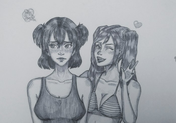 Lena and Miku - Lena, Hatsune Miku, Endless summer, Pencil drawing, Visual novel