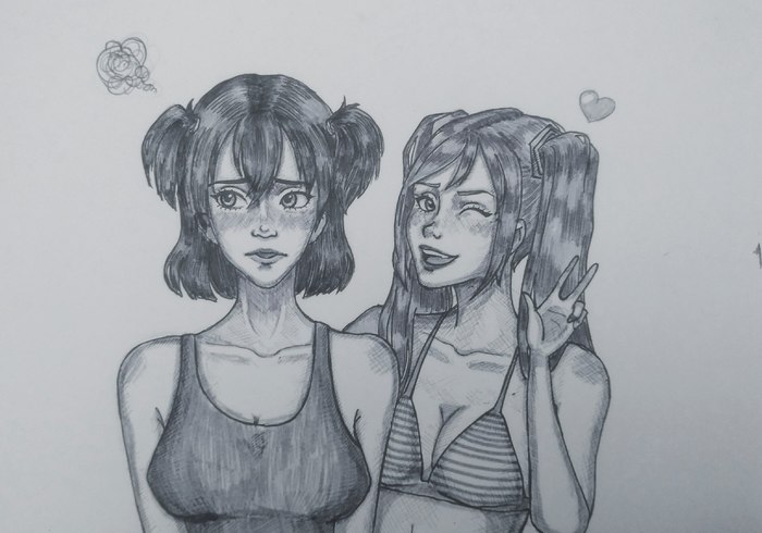 Lena and Miku - Hatsune Miku, Lena, Visual novel, Pencil drawing, Endless summer