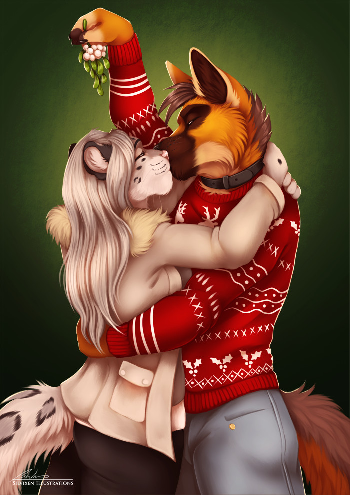 Kiss - Furry, Art, Silvixen, Snow Leopard, Mistletoe, Kiss, Christmas