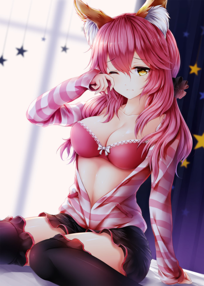 Ohayou gozaimasu~ - Anime art, Anime, Fate Extra CCC, Caster, Kitsune, Cleavage, Stockings