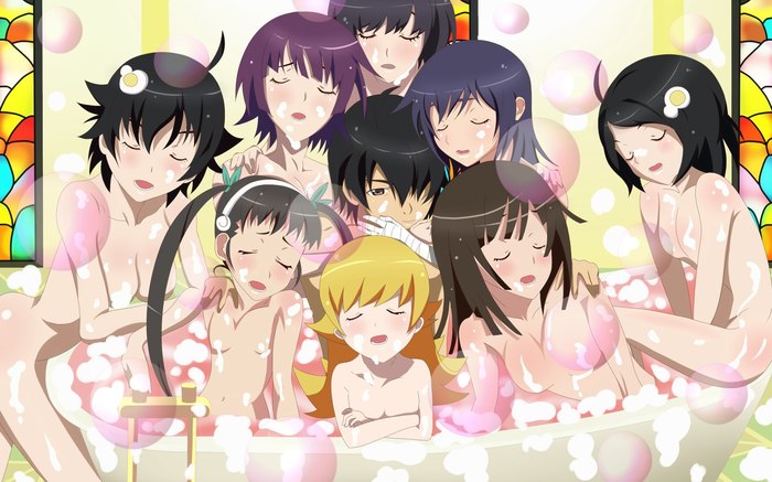 Shall we bathe? - NSFW, Anime, Anime art, Monogatari series, Shinobu oshino, Hachikuji Mayoi, Kanbaru suruga, Araragi karen, And others