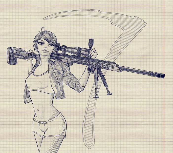 Girl sniper - My, Digital drawing, Pen drawing, Animation, Girls, Pin up, Sniper rifle, GIF, Longpost