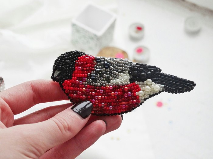 If you love bullfinches very much, you can put them on your palm - My, Beadwork, Beads, , Brooch, Birds, Needlework, Handmade, Needlework without process