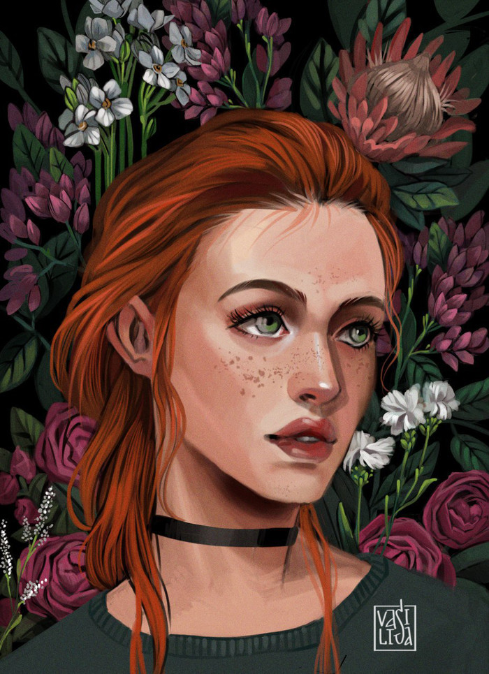 Portrait of a girl with flowers - My, Drawing, Digital drawing, Portrait, Flowers, Drawing on a tablet