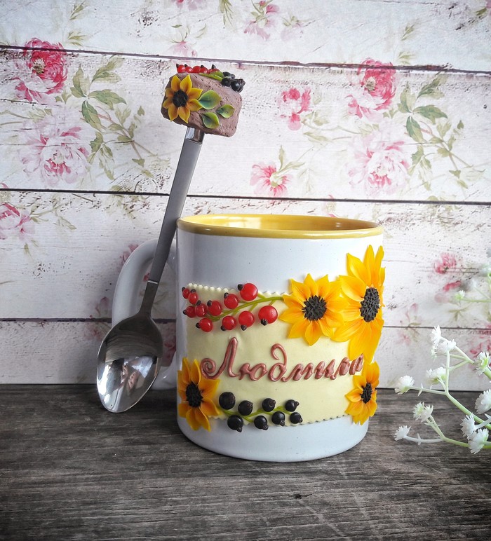 Cup with sunflowers - My, Лепка, Needlework, Polymer clay, Presents, Mug with decor, Longpost