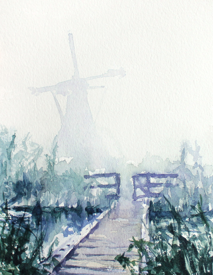 Foggy morning in Kinderdijk village - My, Drawing, Watercolor, Artist, Painting, Morning, Fog