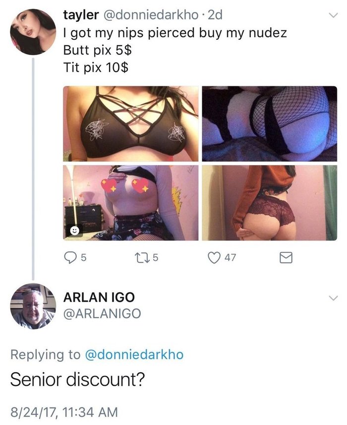 Are there discounts for pensioners? - Twitter, Internet, Screenshot, NSFW