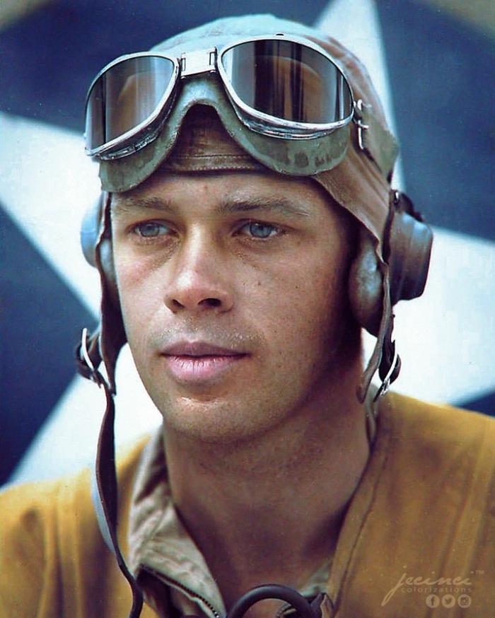 Marine Corps Captain George Ashmun, 1940s, USA - The photo, Colorization, Doubles, Brad Pitt