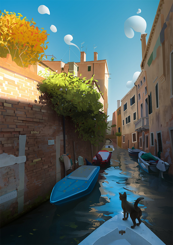 Venice. - Venice, The street, A boat, cat, Water, Channel, 2D, Art