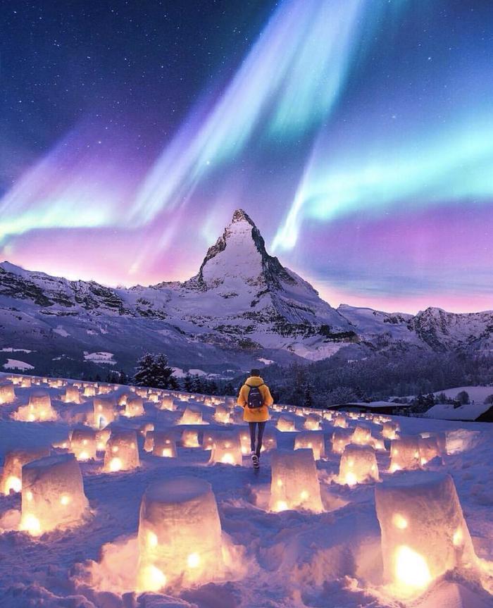 northern Lights - Polar Lights, Lights, Light, Snow, The mountains, Starry sky