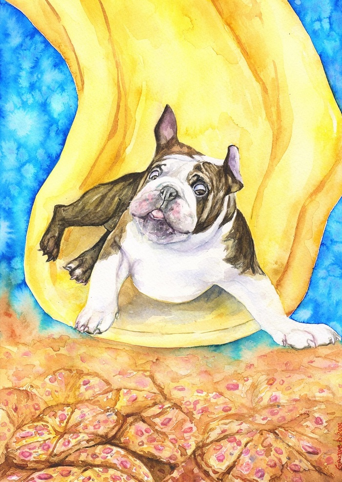 Dreams are not only for people...) - My, Dog, Watercolor, Pizza, Bulldog, Smile, Laugh