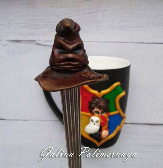 Mug for Potterman - My, Polymer clay, Harry Potter, Кружки, A spoon, Beech, Mug with decor, Needlework without process