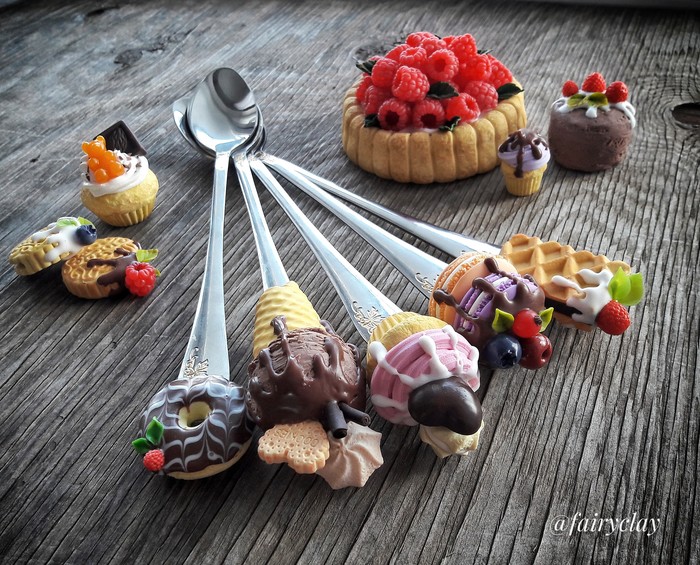 Snacks on spoons - My, Delicious spoons, Polymer clay, With your own hands, Needlework