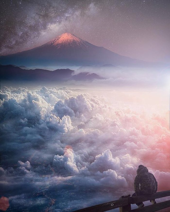 Above the clouds - The photo, Japan, Fujiyama, Clouds, Beautiful view, Photoshop