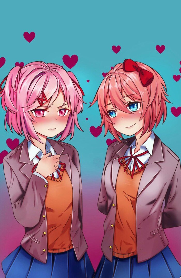 Natsuki and Sayori - Anime art, Sayori, Natsuki, Doki Doki Literature Club, Not anime, Visual novel, Anime