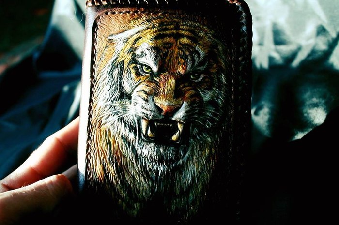 Handmade leather wallet Tiger - My, Purse, Embossing on leather, Tiger, , , Needlework without process, Longpost