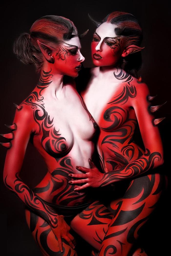 Demonic body art. - NSFW, , Bodypainting, Girls, Demon, Succubus