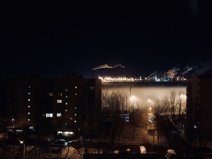 Moscow Oil Refinery Kapotnya - My, Night, Fog, freezing, Factory, The photo