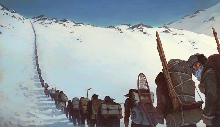 Guess who will survive. - Photoshop, Alaska, The mountains, Golden fever, People, Art, 2D, White Fang