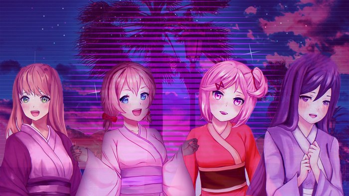 Kimono club - Doki Doki Literature Club, Визуальная новелла, Monika, Sayori, Yuri, Natsuki, Anime Art, Не аниме