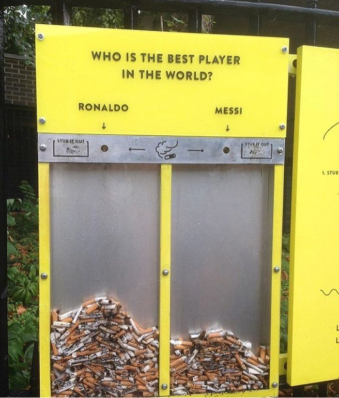 Who is cooler - Ronaldo, Lionel Messi, Cigarette butts, Urn, Garbage, Creative