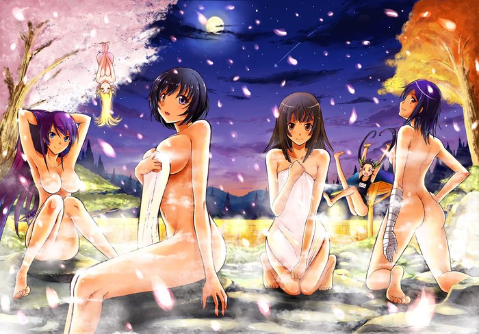 Ночное купание - NSFW, Аниме, Anime Art, Monogatari series, Shinobu Oshino, Hachikuji Mayoi, Kanbaru Suruga, Hitagi Senjougahara