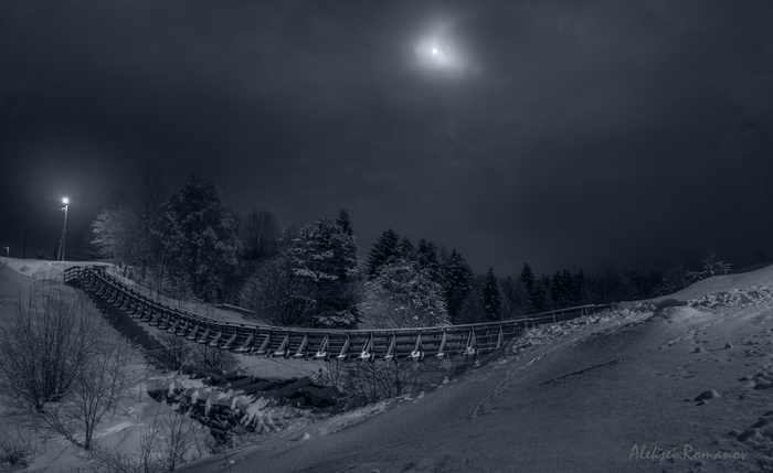 Moonlight night - Russia, Arkhangelsk region, , Night, moon, Bridge, Winter, beauty