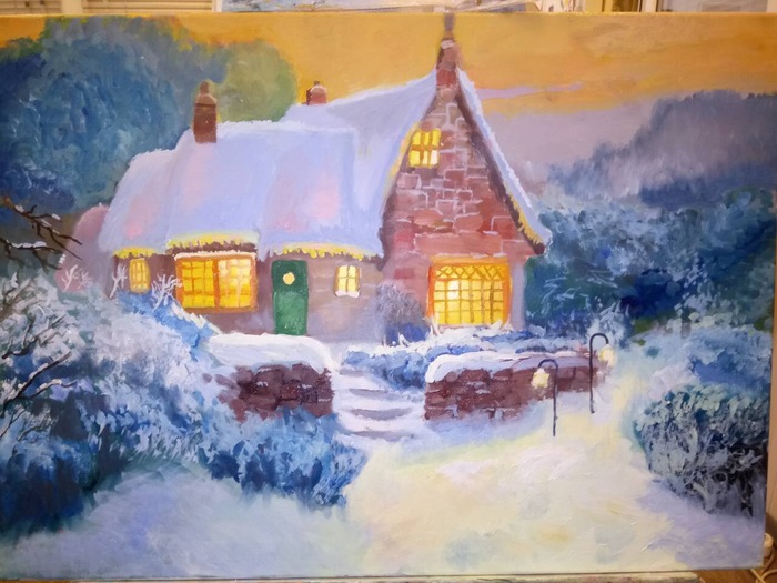 Snow house on New Year's Eve - My, Winter, , Oil painting, New Year