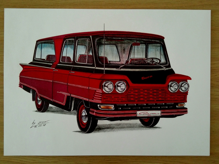 Minibus Start based on Gaz-21 - My, Bus, Gas, Start, Auto, Drawing, Art, Marker, Red