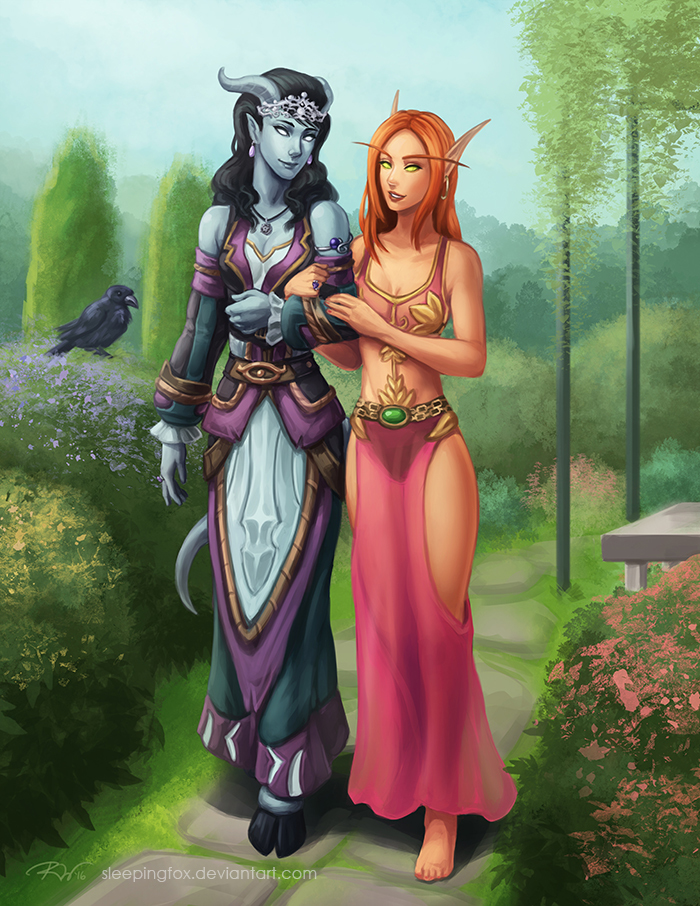 Walk of two old girlfriends in the garden - Wow, World of warcraft, Warcraft, Draenei, Blood elves, friendship, Fantasy, Art