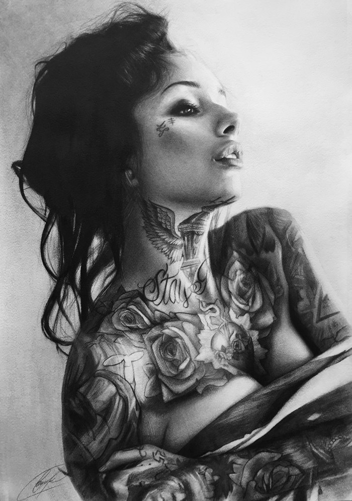 Portrait - Cleo Wattenstrm - My, Graphics, Drawing, Portrait, Dry brush, Art, Girls, Girl with tattoo, Tattoo, Longpost