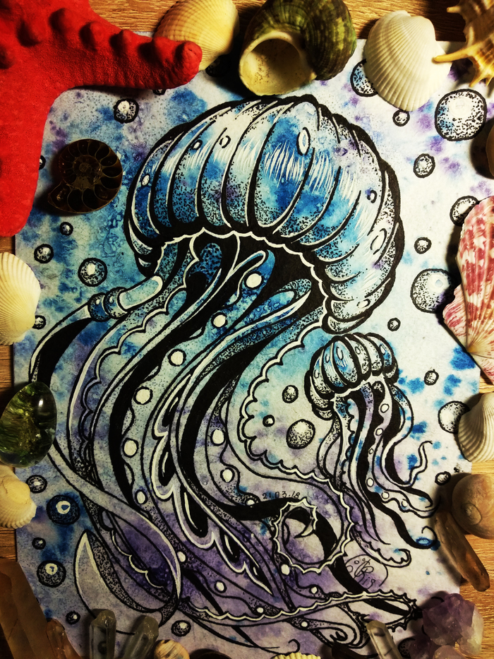 Jellyfish, just jellyfish... - My, Drawing, Sketch, Watercolor, Marker, Ceruse, Jellyfish, Seashells, Bubbles, Jellyfish