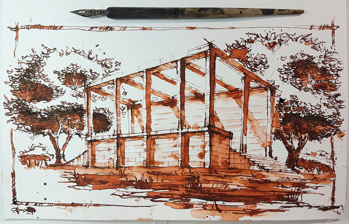 Pen and ink. Sketch of a gazebo. - My, Fountain pen, Sketchbook, Sketch, Sketch, Sketch, Mascara, Painting, Drawing process, Video, Longpost