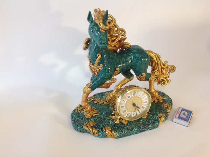Fairytale malachite horse - My, Statuette, Polymer clay, Malachite, Horses, Clock, Longpost, Needlework without process