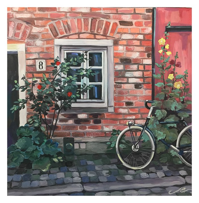 City landscape (Gouache) - My, A bike, Gouache, Window, Wall, Drawing