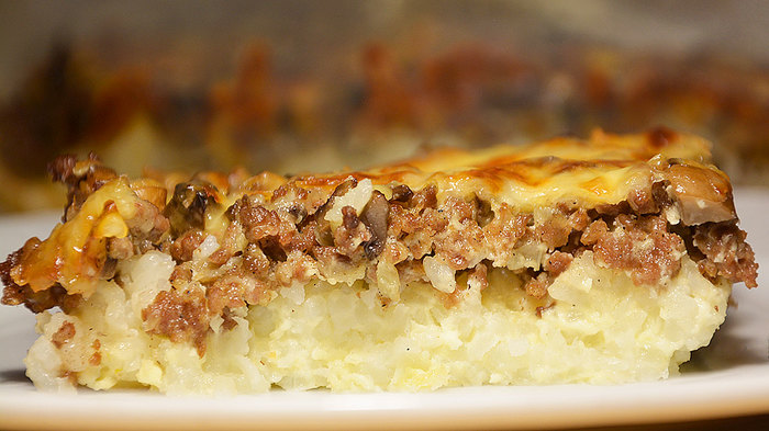 Rice casserole with minced meat and mushrooms under cheese crust - My, Cooking, Recipe, Video recipe, The photo, Casserole, Ground meat, Mushrooms, Cheese, Video, Longpost, Culinary minced meat