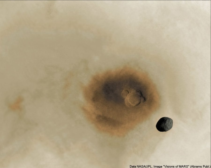 Фобос над Олимпом Космос, Марс, Фобос, Фотография, Внеземные вулканы, Вулкан Олимп (планета Марс)