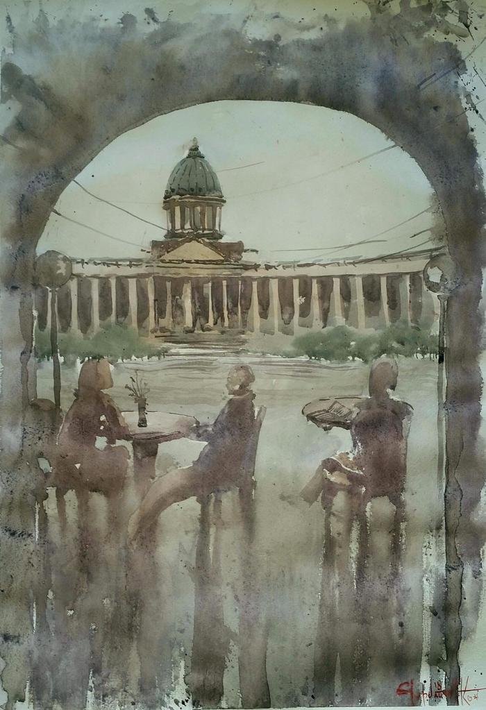 Coffee house (2018)Watercolor, paper 60x42cm - Public catering, coffee house, Kazan Cathedral, Art, Saint Petersburg, Painting, Painting, Watercolor, My