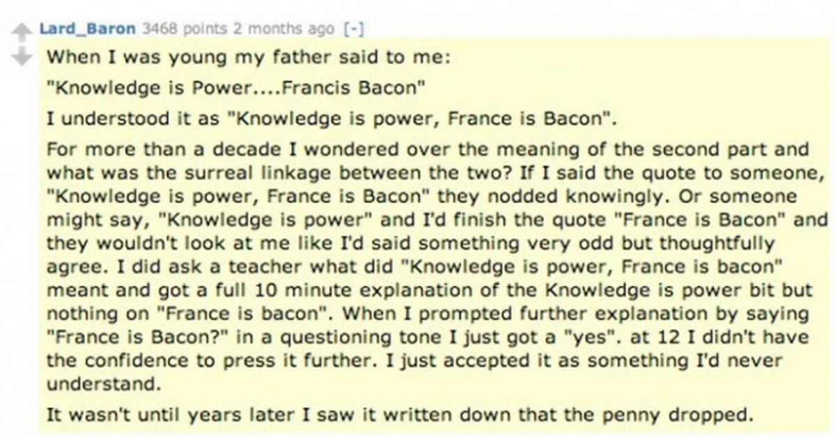 My father say. France is Bacon. Francis Bacon knowledge is Power. Knowledge is Power Bacon.