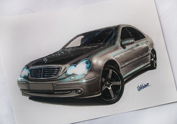 New drawing Mercedes-Benz C-Class W203 A3 format - My, , W203, Drawing, Art, Auto, Mercedes, Pencil, Marker